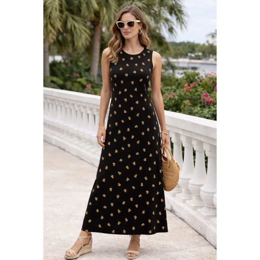 Coldwater Creek Pineapple Print Midi Dress Acetate Stretch S Resort Vacation